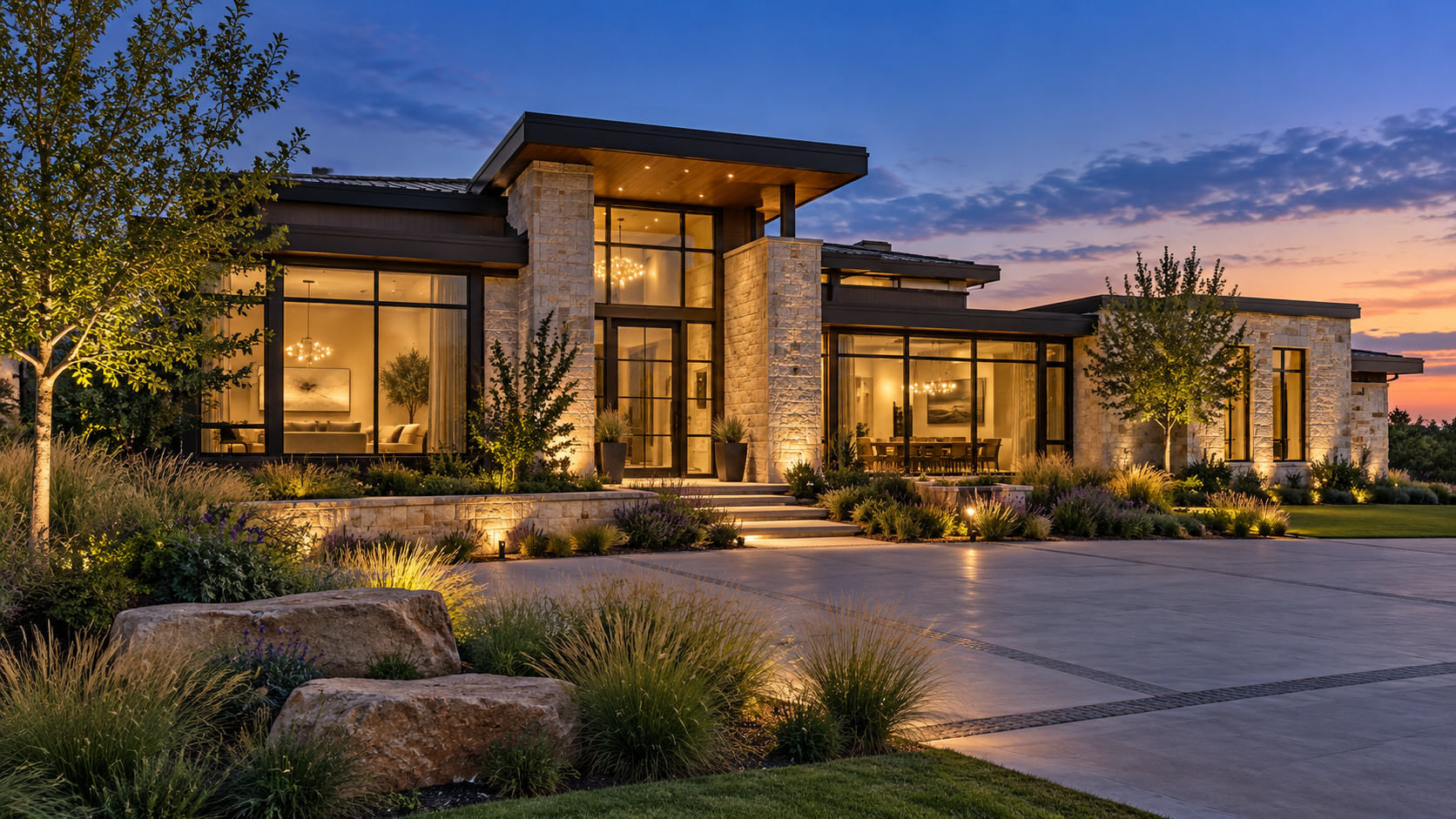 Modern home surrounded by landscaping at dusk